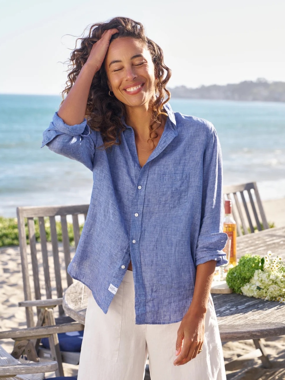 Frank & Eileen Eileen Relaxed Button-Up Shirt Blue Italian Classic Linen Large
